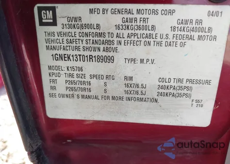 2001 Chevrolet Tahoe Lt z USA, uszkodzony, nr VIN 1GNEK13T01R189099